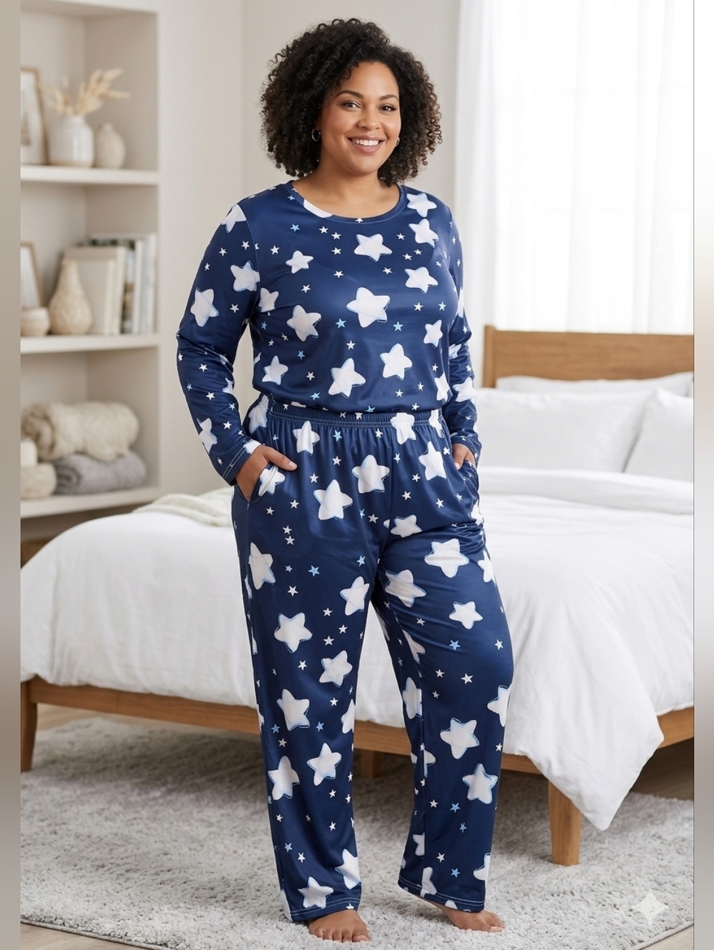 Dreamy Night Sky Star Print Cozy Navy Star Print Pajama Set XXL